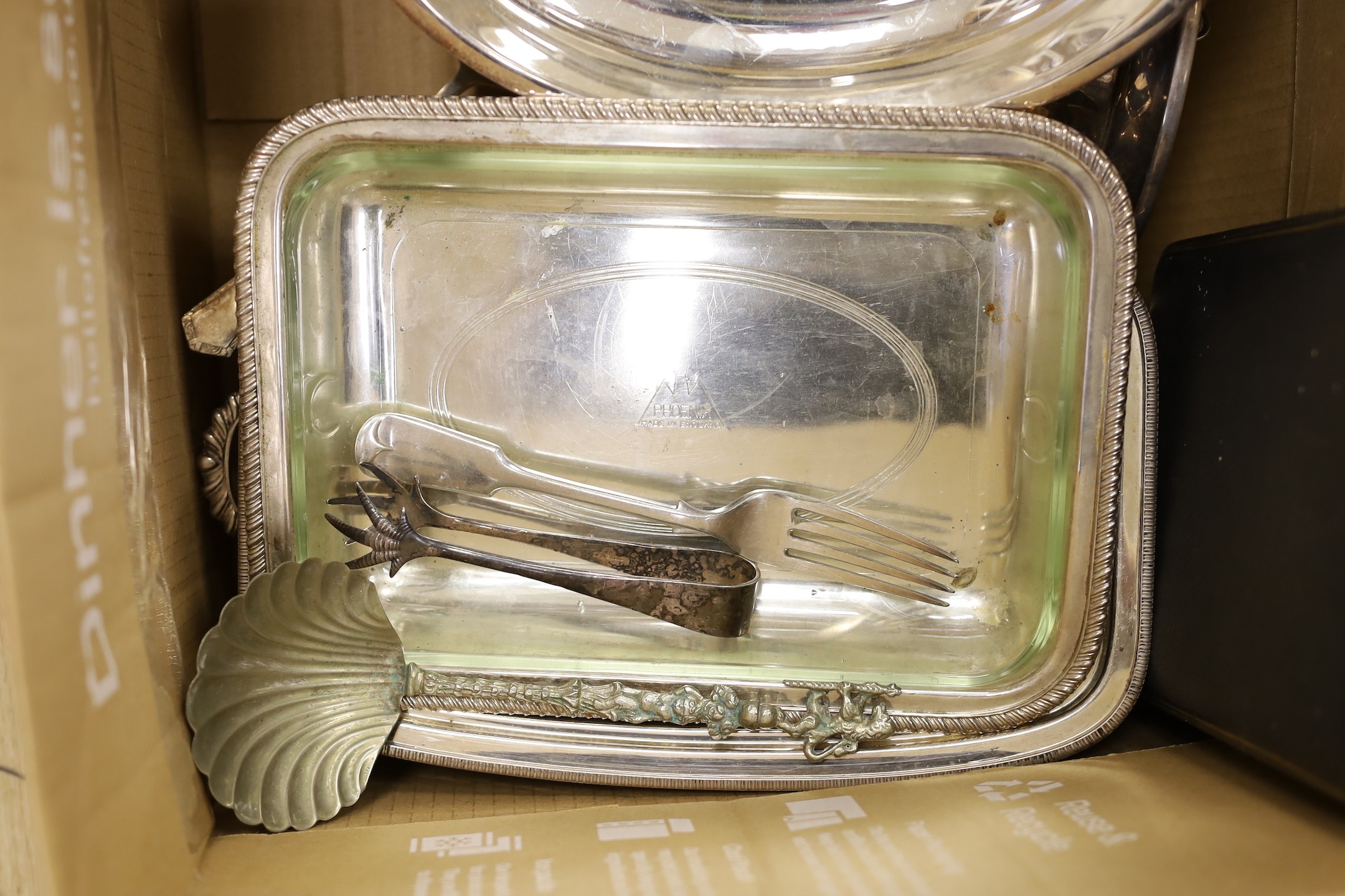 A quantity of assorted plated wares including oval serving dishes, sauce boat, rose bowl, flatware etc.